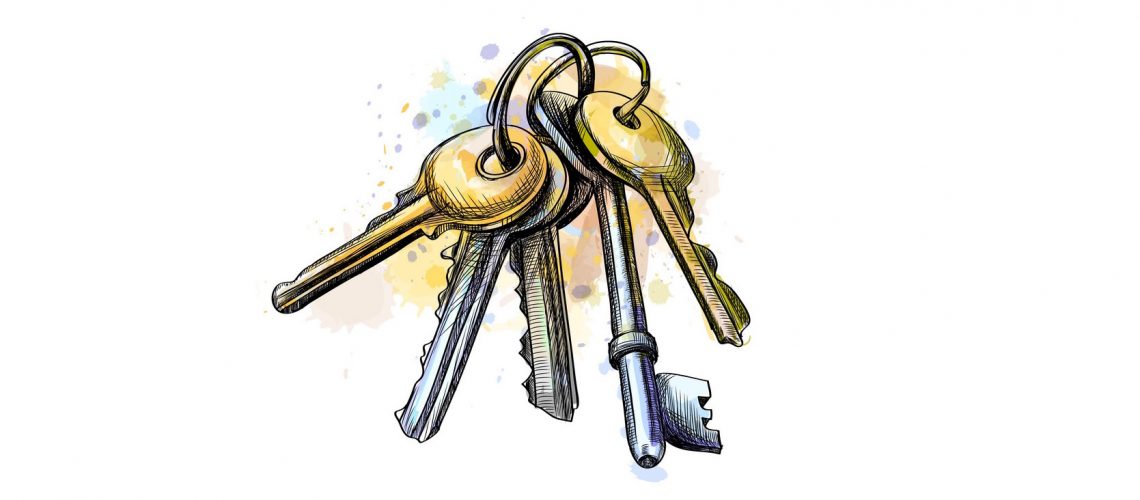 Bunch of keys from a splash of watercolor, hand drawn sketch. Vector illustration of paints